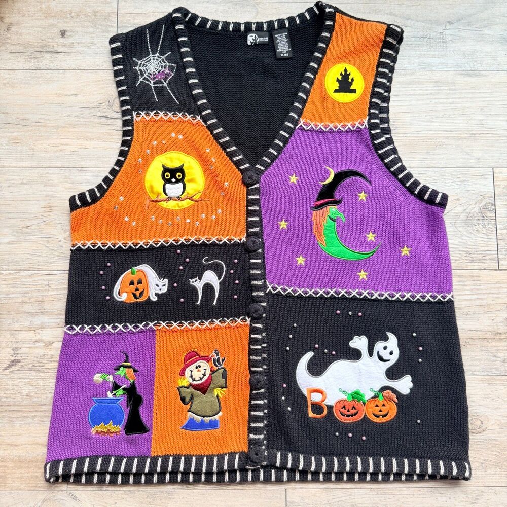 Vintage Halloween Sweater Vest XL Holiday Editions Witch Ghost Cat Owl Pumpkin